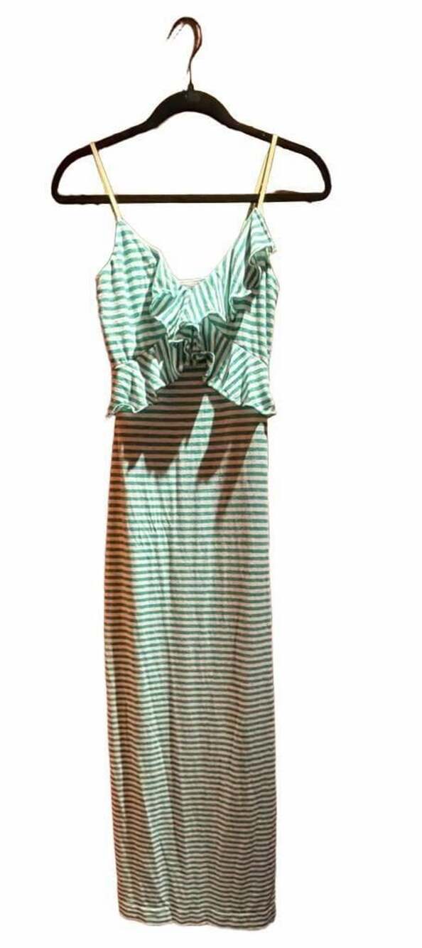 MX Studio Green and White Striped Sleeveless Ruffle Maxi Dress Size S